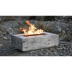 The Outdoor Plus Coronado Fire Pit Wood Grain Outside View with Grass