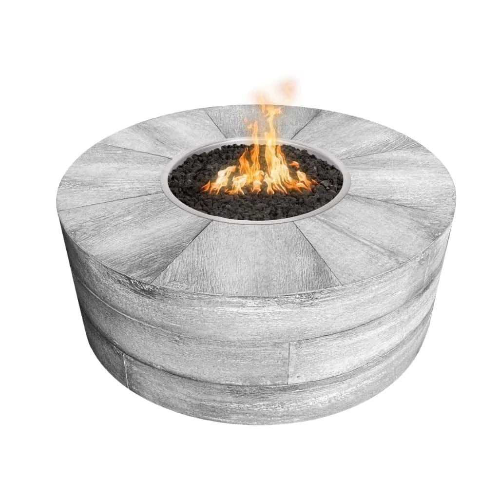 The Outdoor Plus Sequoia Wood Grain Fire Pit with Woodgrain Ivory Finish in White Background