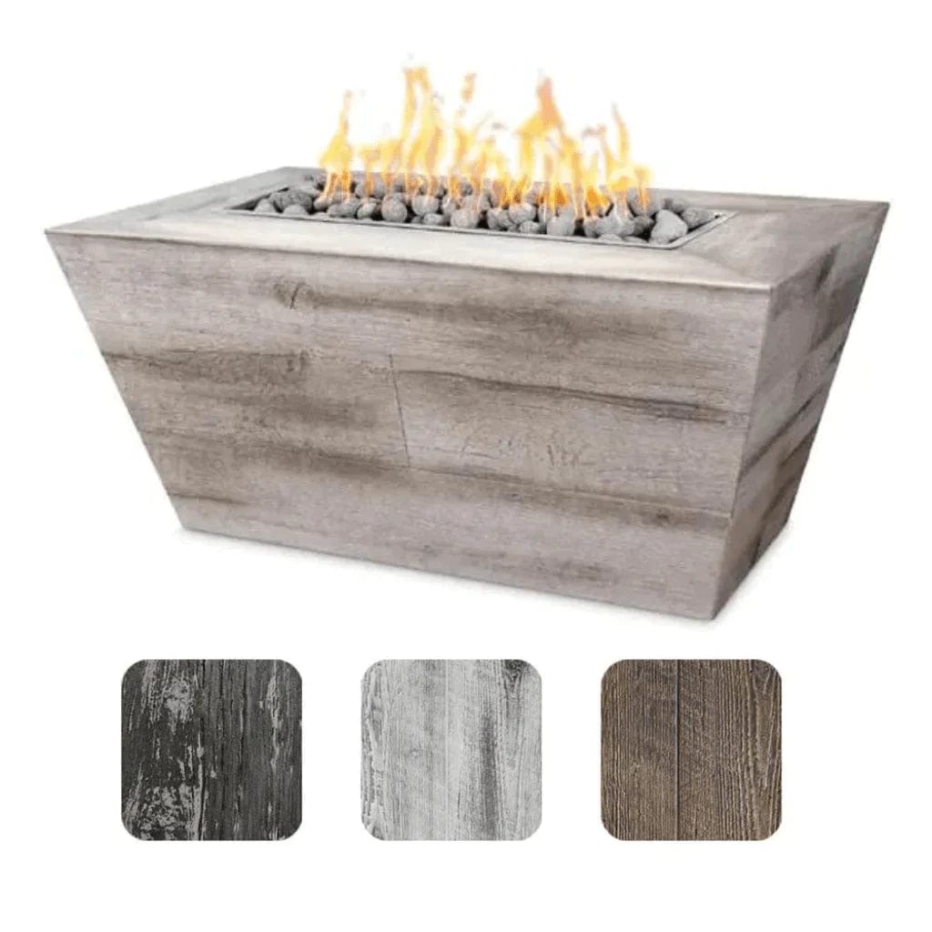 The Outdoor Plus Plymouth Wood Grain Fire Pit with Yellow Flame Available in Different Finishes Displayed in White Background