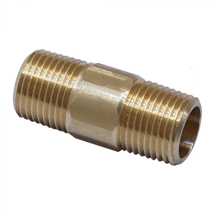 Warming Trends Brass 0.50x2-Inch Nipple to Connect a 0.50-inch Plate Coupling to an Inside Threaded 0.67-inch Flex Line in White Background