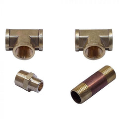 Warming Trends Brass 0.75x0.50-Inch Reducer Fitting, 0.75-Inch Tee for Connection at a 0.50-Inch Plate Coupling, 0.75x3-Inch Nipple, and 0.75-Inch Tee for Key Valve Connection in White Background