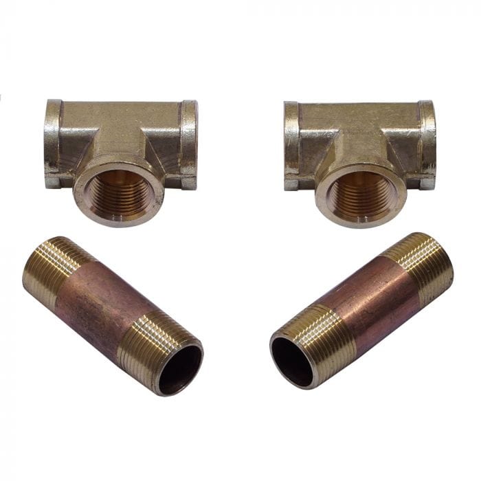 Warming Trends Brass 2-Pcs 0.75x3-Inch Nipple, 0.75-Inch Tee for Connection at 0.75-Inch Plate Coupling, and 0.75-Inch Tee for a Key Valve Connection in White Background