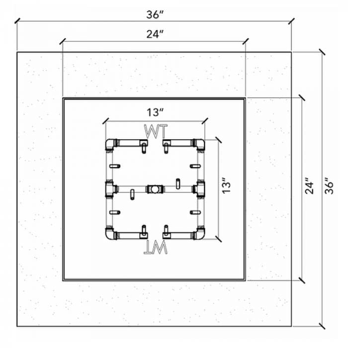Warming Trends Crossfire 13x13-inch Burner 36x36-inch Firetable Specification Drawing