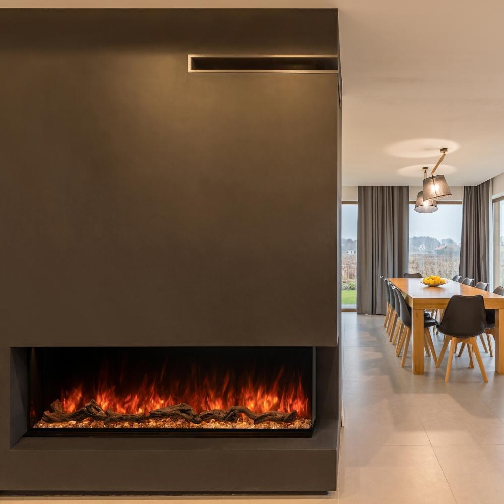 Modern Flames Built In Electric Fireplace with Brown Wall and Dining on the Right Side