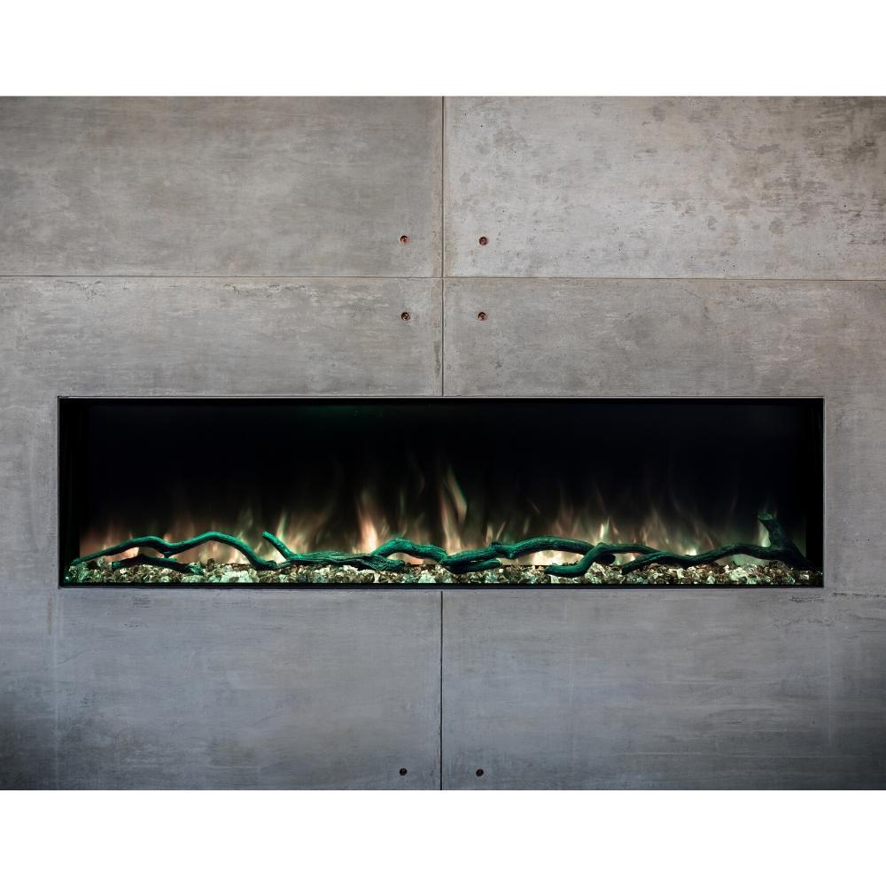 Modern Flames Electric Fireplace and Orange Flame with Rock Wall Background
