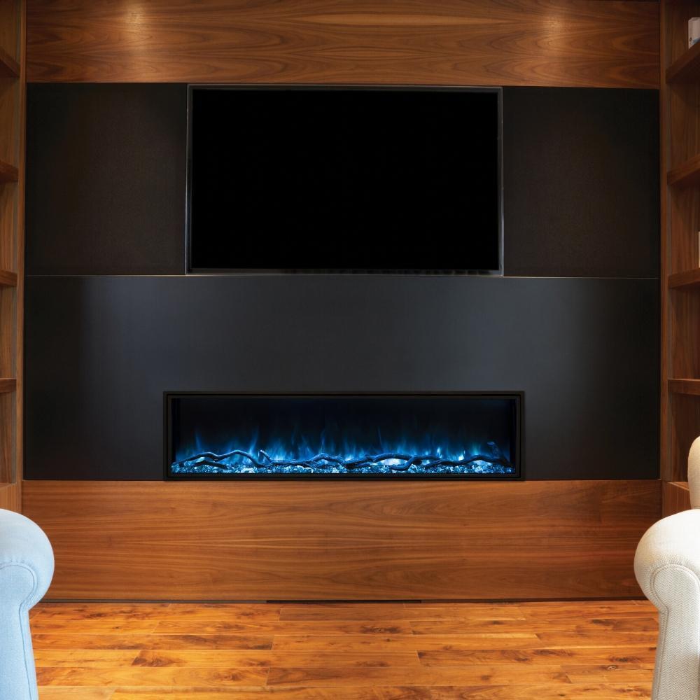 Modern Flames Built In Electric Fireplace and Light Blue Flames with Wood Finish Wall