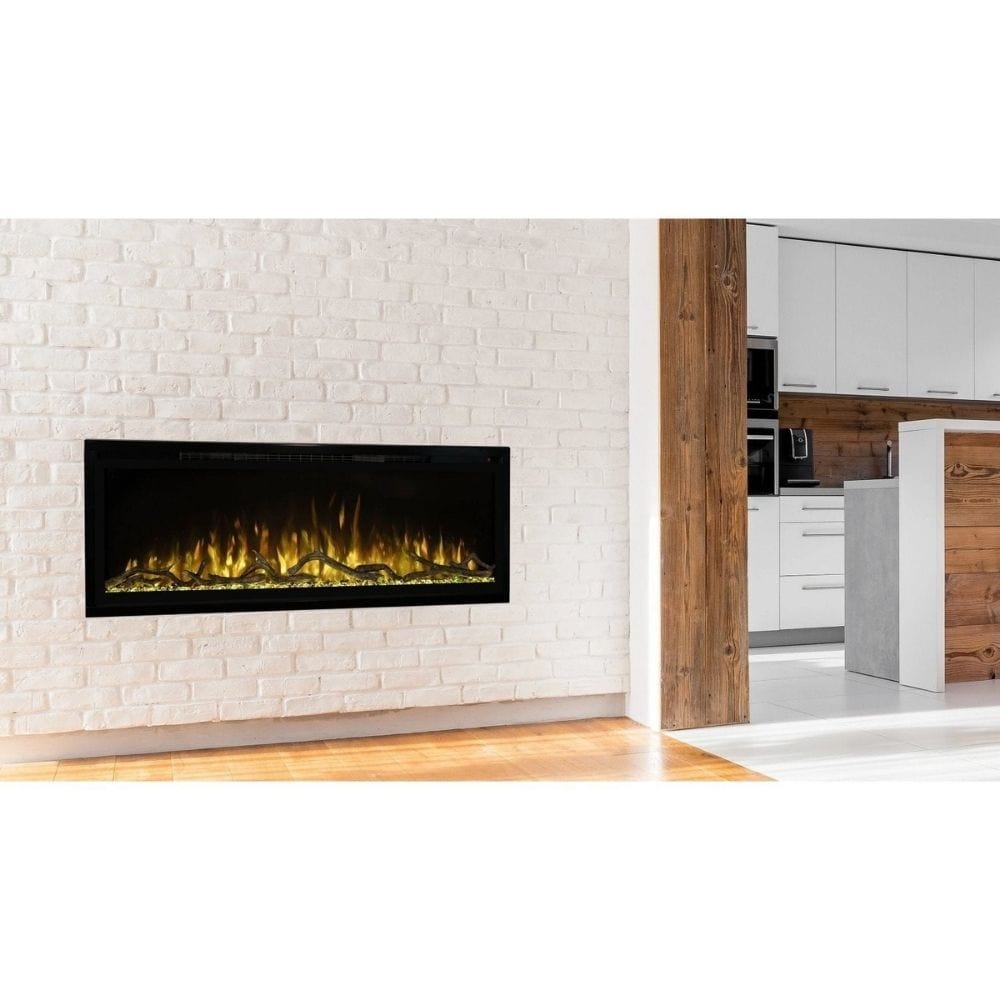 Modern Flames Spectrum Slimline Wall Mount Recessed Electric Fireplace Install with Yellow Flame and Kitchen on Left
