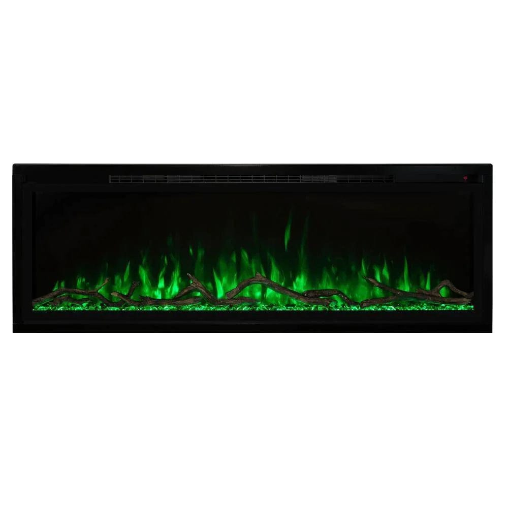 Modern Flames Spectrum Slimline Wall Mount Recessed Electric Fireplace with Green Flame and White Background