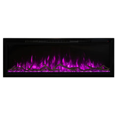 Modern Flames Spectrum Slimline Wall Mount Recessed Electric Fireplace with Pink Flame and White Background