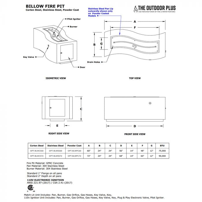 The Outdoor Plus Billow Fire Pit Specifiation Drawing