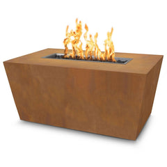 The Outdoor Plus Mesa Fire Pit Corten Steel Finish with Yellow Flame in White Background