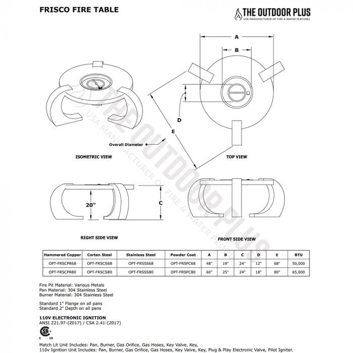 The Outdoor Plus Frisco Fire Table Specification Drawing