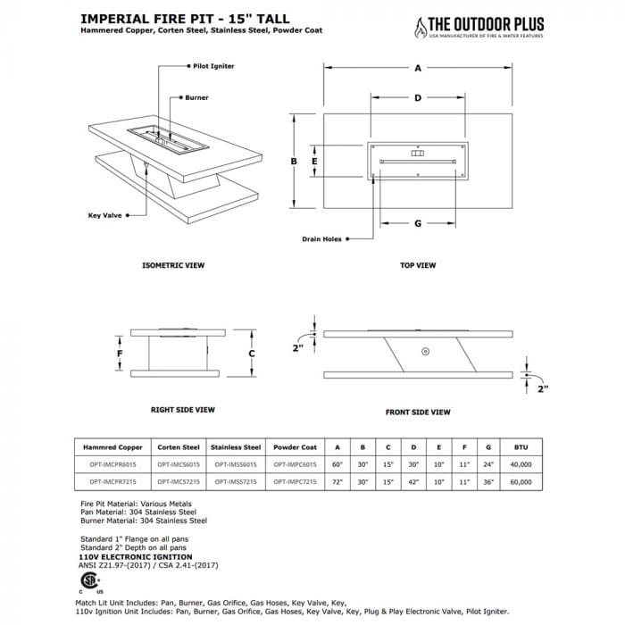 The Outdoor Plus Imperial Fire Pit Specification Drawing