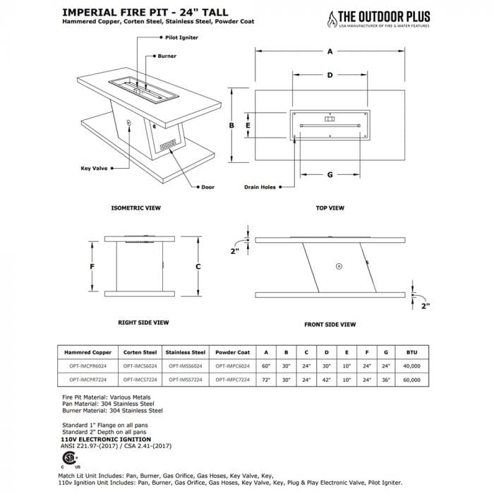 The Outdoor Plus 24-inch Imperial Tall Fire Pit Specification Drawing