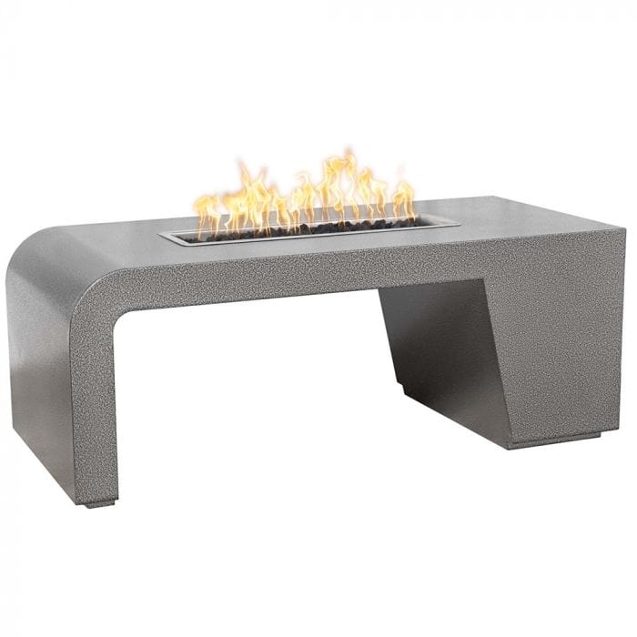 The Outdoor Plus Maywood Fire Pit Stainless Steel Finish with Yellow Flame in White Background