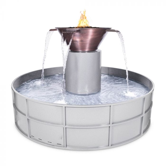 The Outdoor Plus 60-inch Olympian 4-Way Spill Fire and Water Fountain Hammered Copper Finish with White Background
