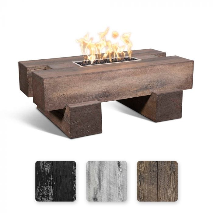The Outdoor Plus Palo Wood Grain Concrete Fire Pit with Yellow Flames Available in Different Wood Grain Finishes Displayed in White Background