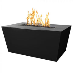 The Outdoor Plus Mesa Fire Pit Black Powder Coated Finish with Yellow Flames in White Background