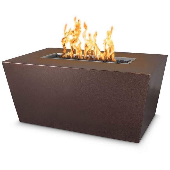 The Outdoor Plus Mesa Fire Pit Copper Vein Powder Coated Finish with Yellow Flames in White Background