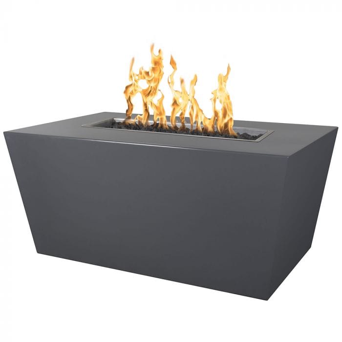 The Outdoor Plus Mesa Fire Pit Gray Powder Coated Finish with Yellow Flames in White Background