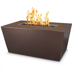 The Outdoor Plus Mesa Fire Pit Java Powder Coated Finish with Yellow Flames in White Background