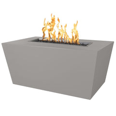 The Outdoor Plus Mesa Fire Pit Black Pewter Coated Finish with Yellow Flames in White Background