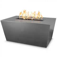The Outdoor Plus Mesa Fire Pit Silver Powder Coated Finish with Yellow Flames in White Background