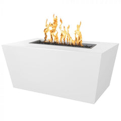 The Outdoor Plus Mesa Fire Pit White Powder Coated Finish with Yellow Flames in White Background