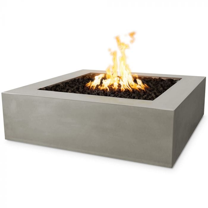 The Outdoor Plus Quad Concrete Fire Pit Ash Finish with Yellow Flames in White Background