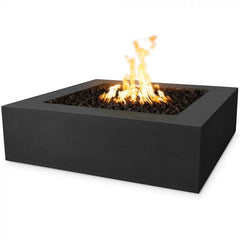 The Outdoor Plus Quad Concrete Fire Pit Black Finish with Yellow Flames in White Background