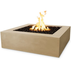 The Outdoor Plus Quad Concrete Fire Pit Brown Finish with Yellow Flames in White Background