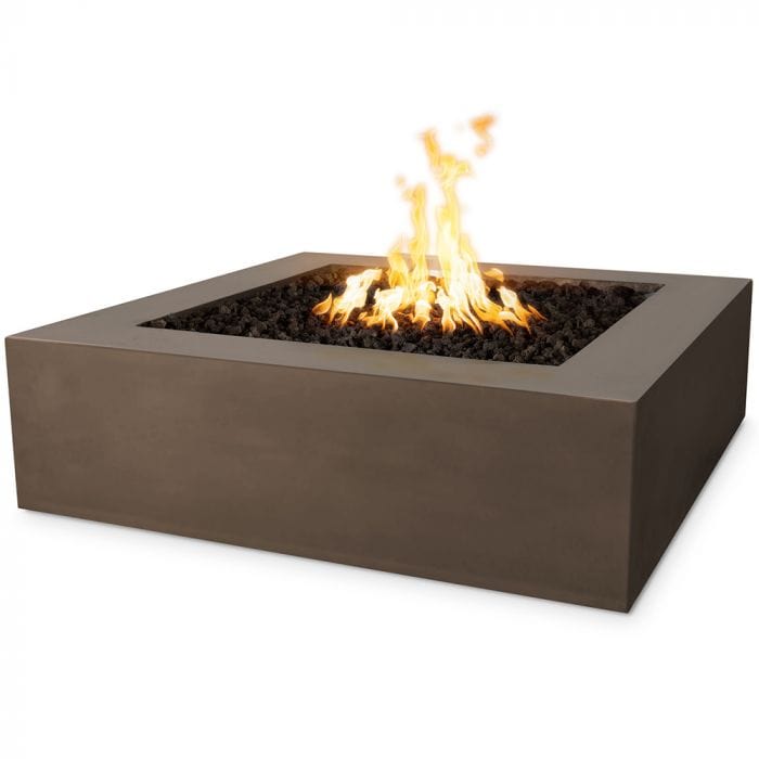 The Outdoor Plus Quad Concrete Fire Pit Chocolate Finish with Yellow Flames in White Background