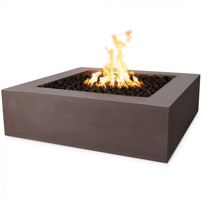 The Outdoor Plus Quad Concrete Fire Pit Chestnut Finish with Yellow Flames in White Background