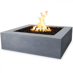 The Outdoor Plus Quad Concrete Fire Pit Gray Finish with Yellow Flames in White Background