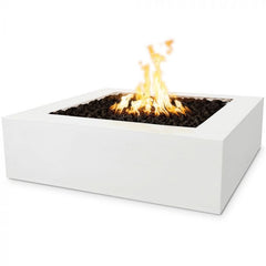 The Outdoor Plus Quad Concrete Fire Pit Limestone Finish with Yellow Flames in White Background