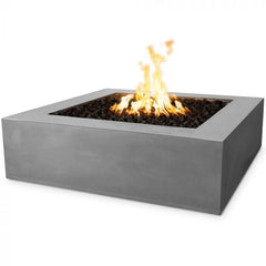 The Outdoor Plus Quad Concrete Fire Pit Natural Gray Finish with Yellow Flames in White Background