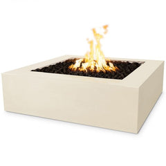 The Outdoor Plus Quad Concrete Fire Pit Vanilla Finish with Yellow Flames in White Background