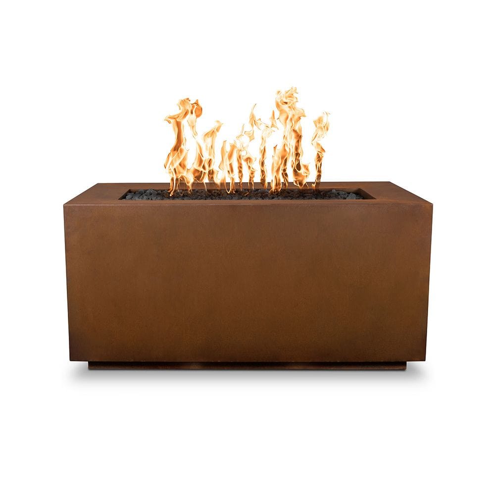 The Outdoor Plus Pismo Fire Pit Corten Steel Finish with Yellow Flames in White Background
