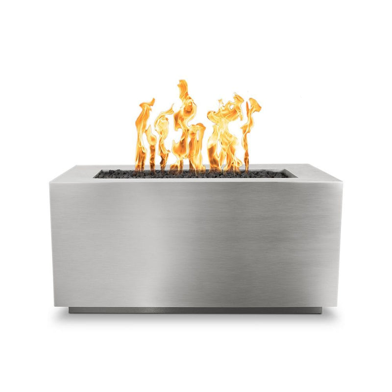 The Outdoor Plus Pismo Fire Pit Stainless Steel Finish with Yellow Flame in White Background