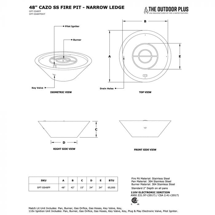 The Outdoor Plus 48-inch Cazo Fire Pit Narrow Ledge Specification Drawing
