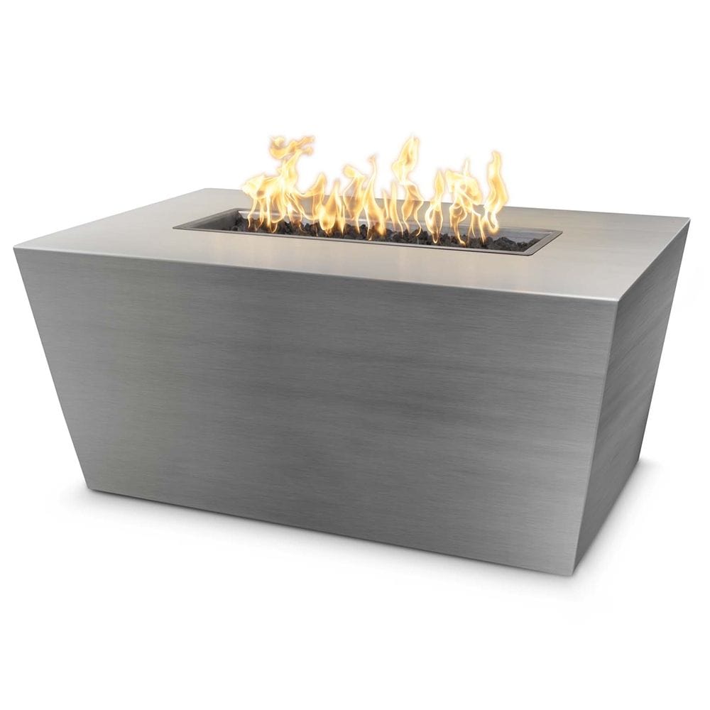 The Outdoor Plus Mesa Fire Pit Stainless Steel Finish with Yellow Flames in White Background