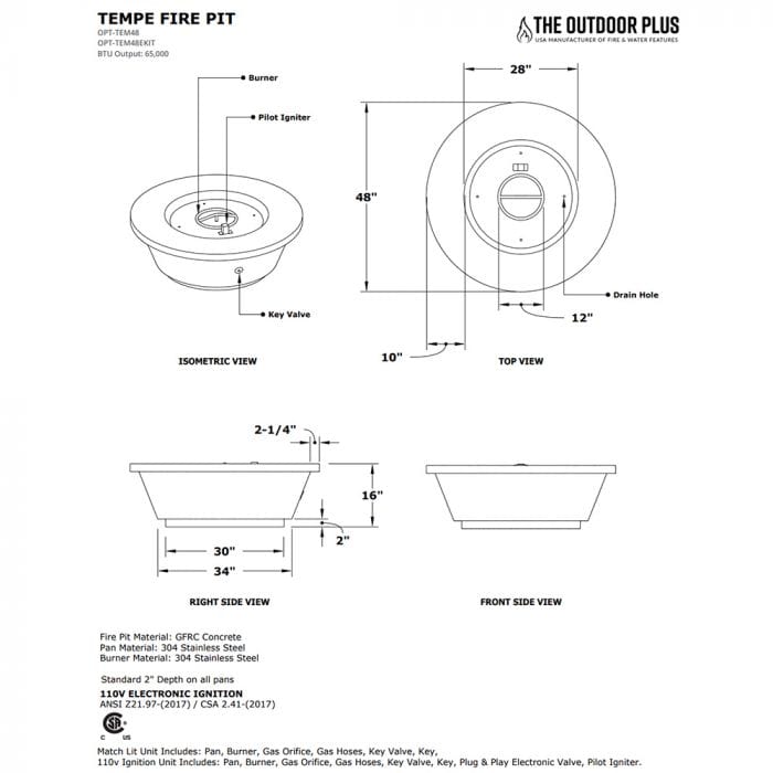 Tempe Fire Pit Specification Drawing