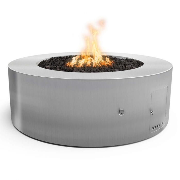 The Outdoor Plus 24-inch Tall Unity Fire Pit with Stainless Finish and White Background