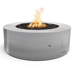 The Outdoor Plus 24-inch Tall Unity Fire Pit with Silver Finish and White Background
