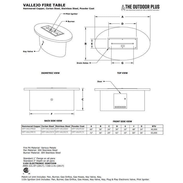 Vallejo Fire Table Specification Drawing