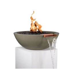 The Outdoor Plus Sedona GFRC Fire and Water Bowl Ash Finish With Stone Media, Yellow Flame and Water in White Background