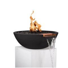 The Outdoor Plus Sedona GFRC Fire and Water Bowl Black Finish With Stone Media, Yellow Flame and Water in White Background
