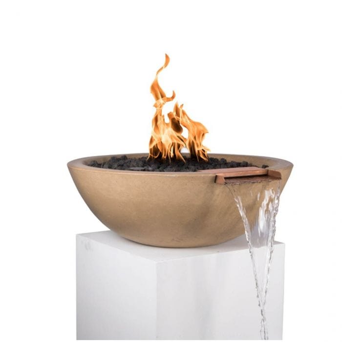 The Outdoor Plus Sedona GFRC Fire and Water Bowl Brown Finish With Stone Media, Yellow Flame and Water in White Background
