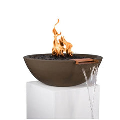 The Outdoor Plus Sedona GFRC Fire and Water Bowl Chocolate Finish With Stone Media, Yellow Flame and Water in White Background