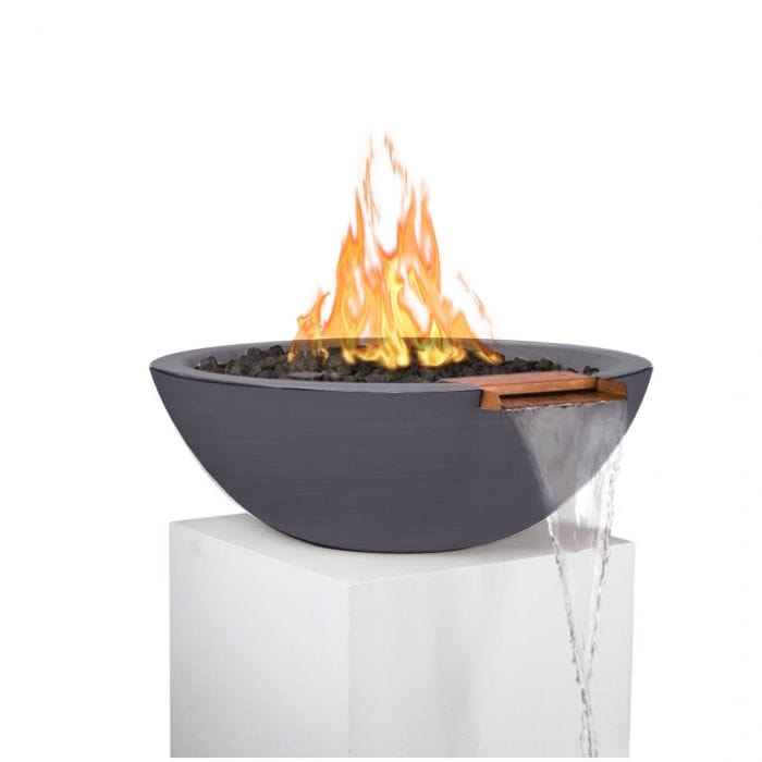 The Outdoor Plus Sedona GFRC Fire and Water Bowl Chestnut Finish With Stone Media, Yellow Flame and Water in White Background